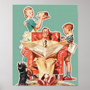 50s Family with Dog Retro Wall Art Poster
