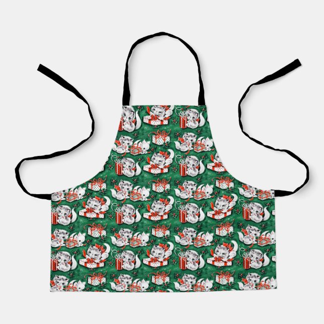 50's Green Vintage Christmas Pattern with Kittens Apron (Front)