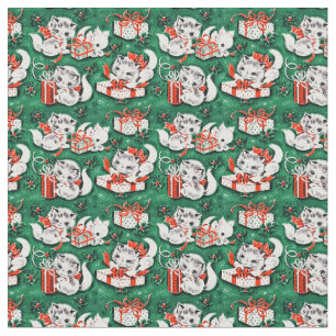 50's Green Vintage Christmas Pattern with Kittens Fabric