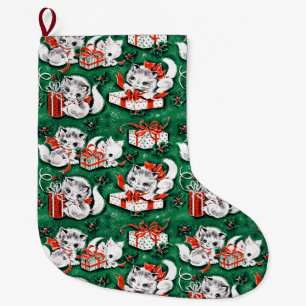 50's Green Vintage Christmas Pattern with Kittens Large Christmas Stocking