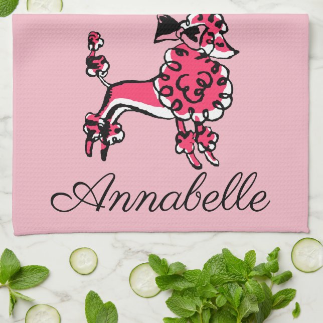 50's Pink Poodles Personalize Kitchen Towel (Folded)