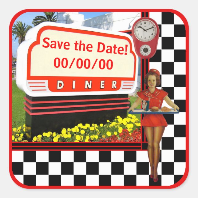 50s Retro Diner Save-the-Date Sticker (Front)