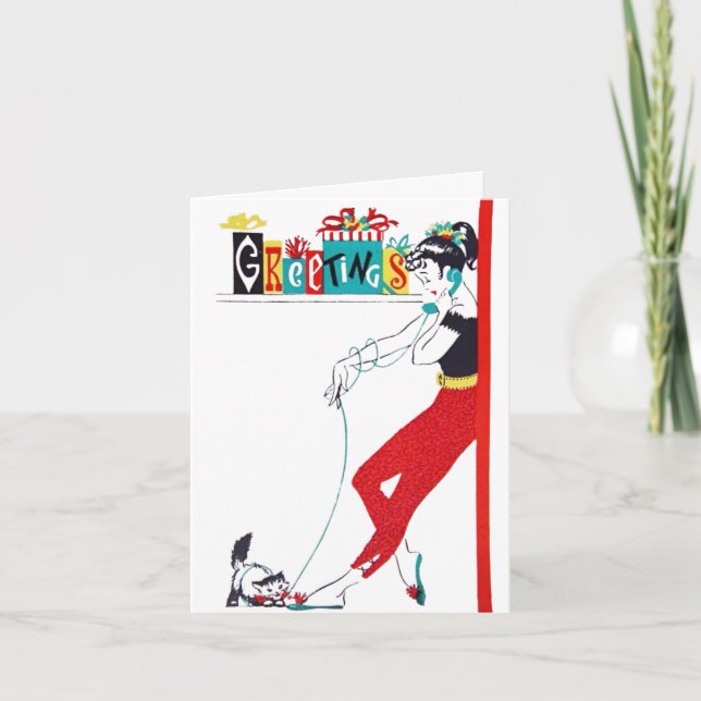 50s Teen Girl on Phone with Kitty Holiday Card (Front)
