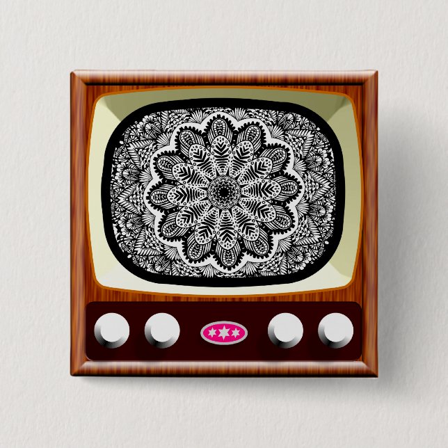 50s TV Living Black and White 2 Inch Square Button (Front)