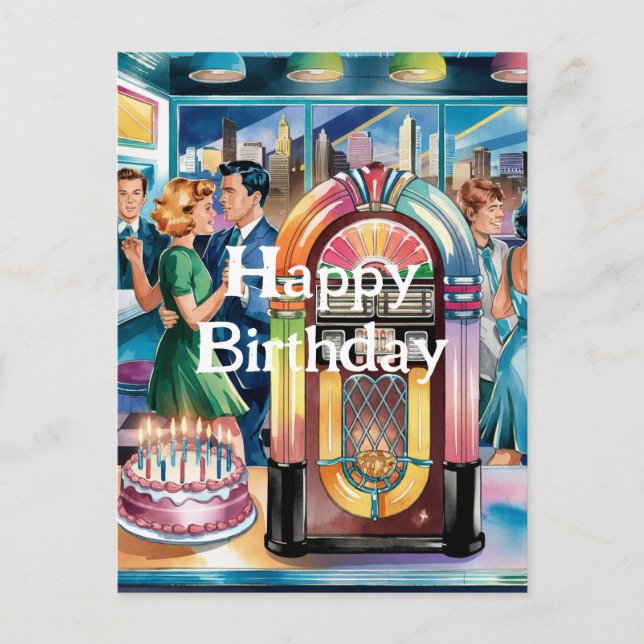 50s Vintage Retro Jukebox, Diner, Birthday Cake Postcard (Front)