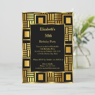 50t Art Deco Birthday Party Gold Black  Invitation