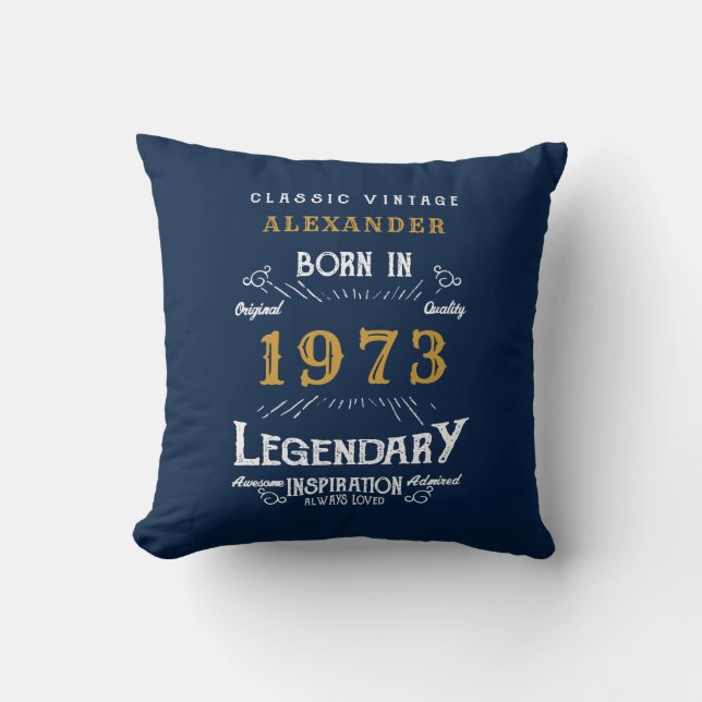 50th 1973 Birthday Retro Blue Gold Legendary Throw Pillow (Front)