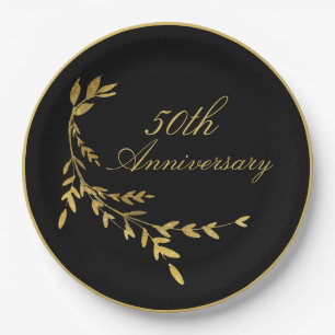 50th Anniversary 50 Fifty Black Gold Leaf Paper Plate