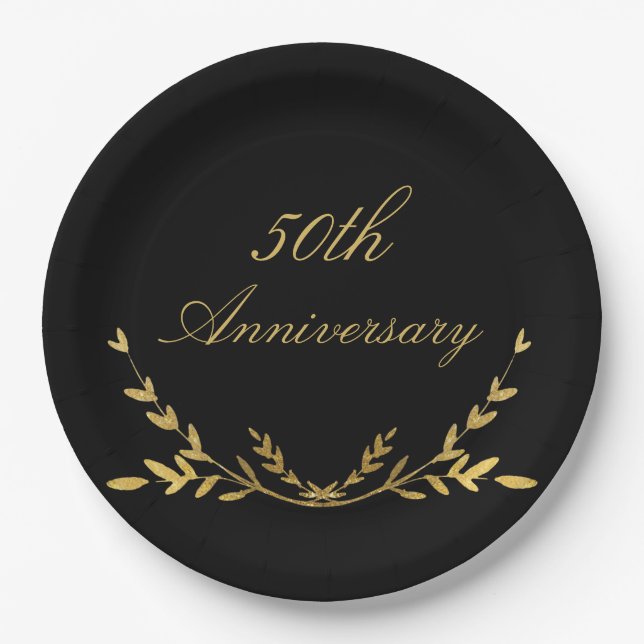 50th Anniversary 50 Fifty Elegant Black Gold Leaf Paper Plate (Front)