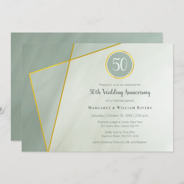 50th anniversary birthday greyed jade w gold frame invitation (Front/Back)