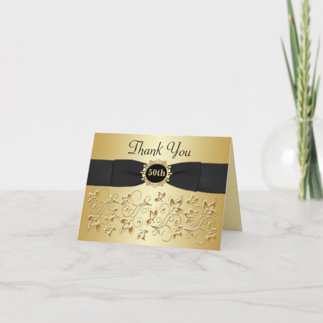 50th Anniversary Black Gold Floral Thank You Card (Front)