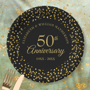 50th Anniversary Black Gold Love Hearts Confetti  Paper Plate