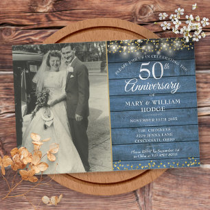 50th Anniversary Blue Rustic Gold Hearts Photo Invitation