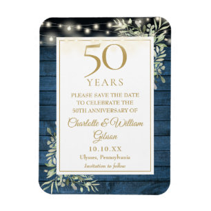 50th Anniversary Blue Rustic Wood Save The Date Magnet