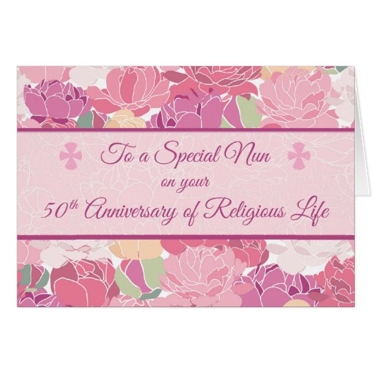 50th Anniversary Catholic Nun Peonies Flowers, Pin Card
