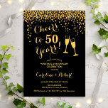 50th Anniversary - Cheers to 50 Years Gold Black Invitation<br><div class="desc">Golden 50th wedding anniversary invitation. Cheers to 50 Years! Elegant design in black and gold. Features champagne glasses, script font and confetti. Perfect for a stylish celebration of 50 years of marriage. Printed Zazzle invitations or instant download digital template. Can be customized to show any year! Personalize with your own...</div>