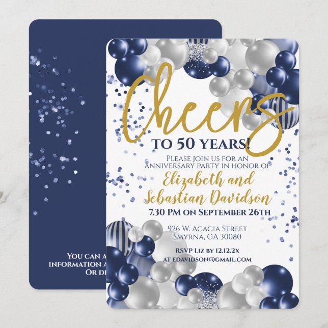 50th Anniversary Cheers to 50 Years Navy Gold Invitation (Front/Back)