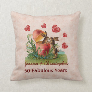 50th Anniversary Cute Vintage Rabbits Kissing A05 Throw Pillow
