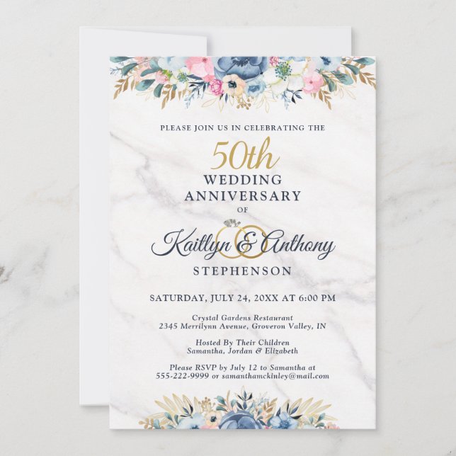 50th Anniversary Elegant Floral Gold Navy Blue Invitation (Front)