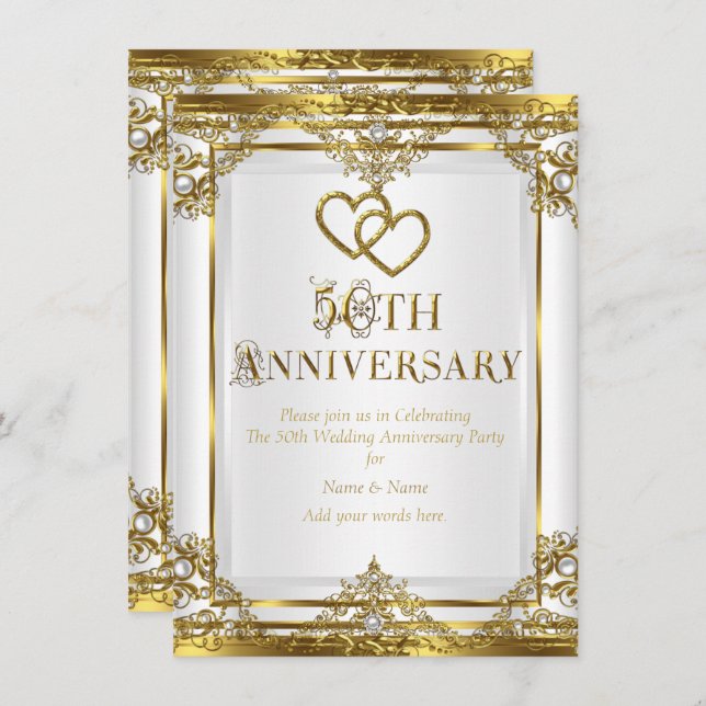 50th Anniversary Elegant Gold White Pearl Invitation (Front/Back)