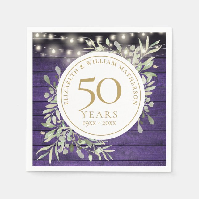 50th Anniversary Floral Purple Wood String Lights Napkin (Front)