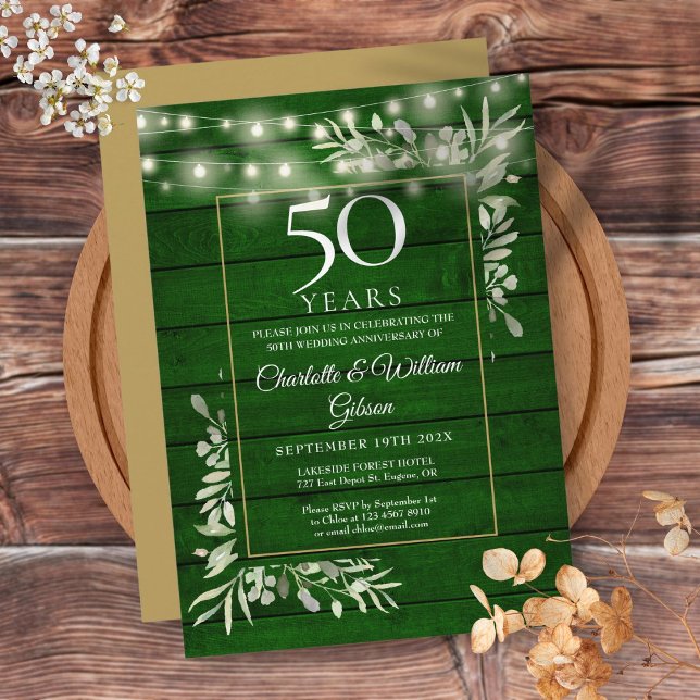 50th Anniversary Floral String Lights Green Wood  Invitation (50th Anniversary Floral String Lights Green Wood Invitation)