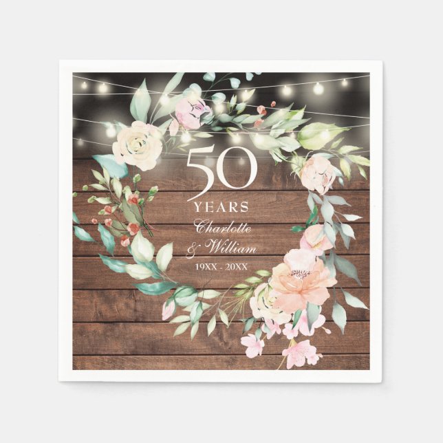50th Anniversary Floral String Lights Rustic Wood Napkin (Front)