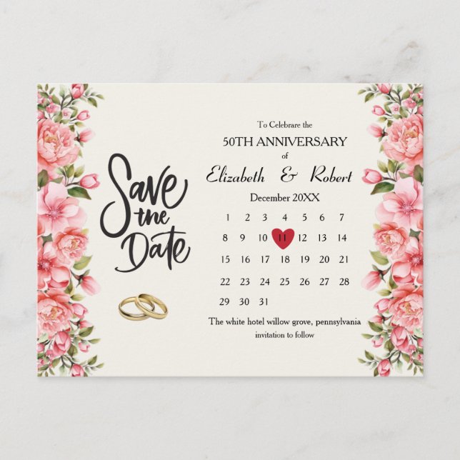 50th Anniversary Floral The Date Calendar Announcement Postcard (Front)