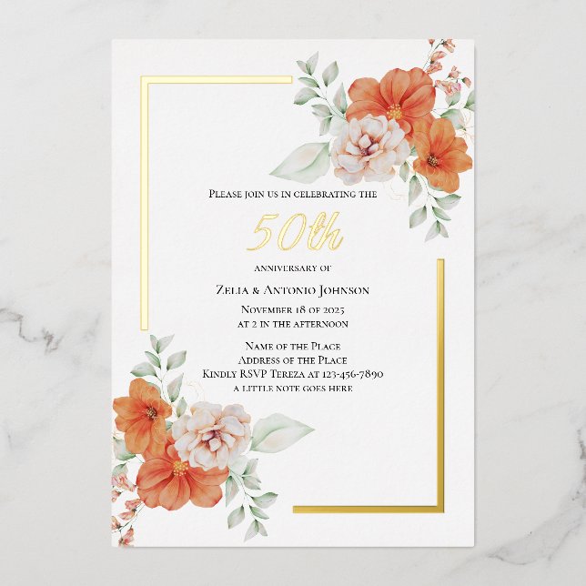 50th Anniversary Floral Wreath Foil Invitation (Front)