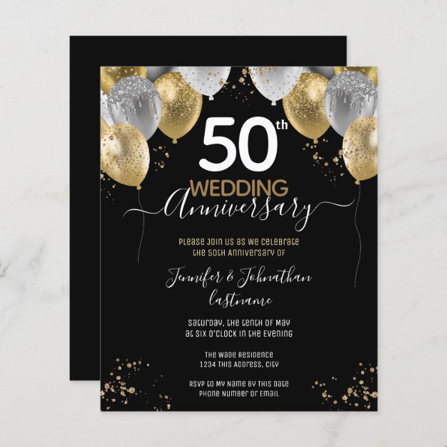 50th Anniversary Gold Balloons Budget Invitations (Front/Back)