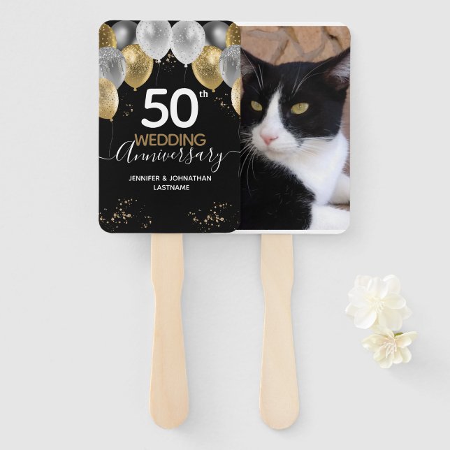 50th Anniversary Gold Balloons Hand Fan (Front and Back)