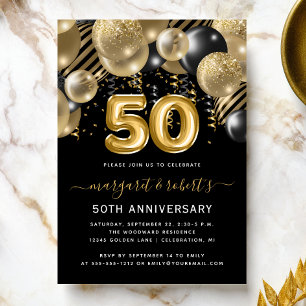 50th Anniversary Gold Black Balloon Arch Party Invitation