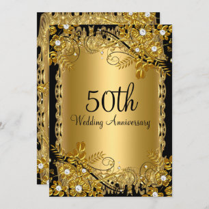 50th Anniversary Gold Black Diamond Floral Swirl Invitation