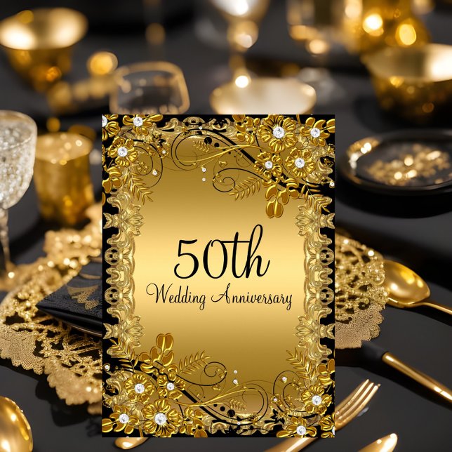 50th Anniversary Gold Black Diamond Floral Swirl Invitation (Creator Uploaded)