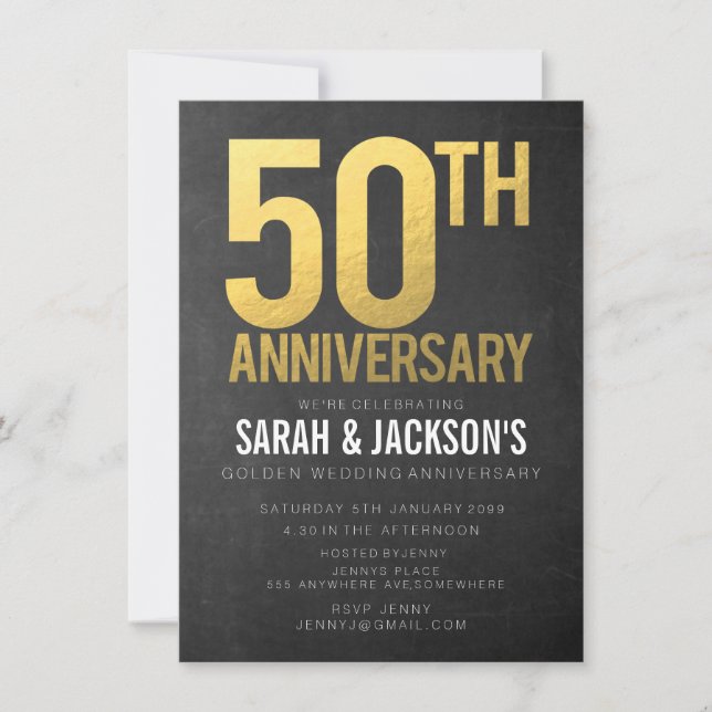 50th Anniversary Gold Chalkboard Party Invitation (Front)