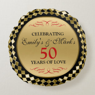 50th Anniversary- Gold Diamonds Round Pillow