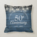 50th Anniversary Gold Dust String Lights Rustic Throw Pillow<br><div class="desc">Featuring string lights and gold dust confetti on a blue rustic wood panels background. Personalize with your special fifty years golden anniversary information in chic lettering. Designed by Thisisnotme©</div>