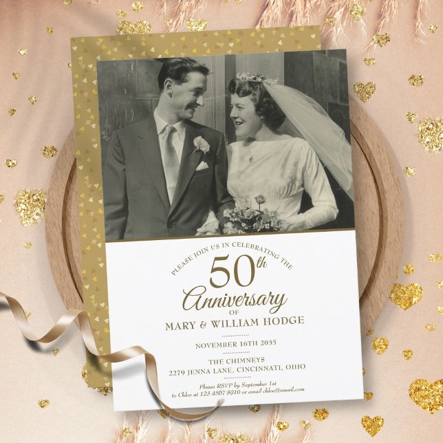 50th Anniversary Gold Heart Confetti Wedding Photo Invitation (50th Anniversary Gold Heart Confetti Wedding Photo Invitation)