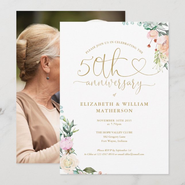 50th Anniversary Gold Heart Floral Photo Invitation (Front/Back)