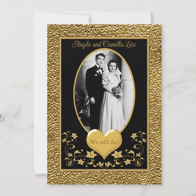 50th Anniversary, Gold Heart Invitation 2 - Black (Front)