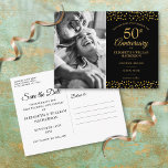 50th Anniversary Gold Hearts Photo Save the Date  Announcement Postcard<br><div class="desc">Featuring delicate gold hearts confetti on a black background. You can personalize with your special photo and fifty years golden anniversary celebration save the date details in elegant modern typography. Designed by Thisisnotme©</div>