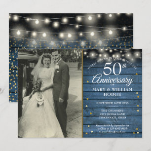 50th Anniversary Gold Hearts Rustic Wedding Photo Invitation