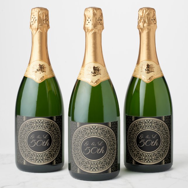 50th Anniversary Gold Medallion Monogrammed Sparkling Wine Label (Bottles)