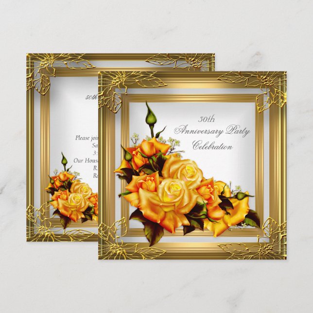 50th Anniversary Gold Orange White Elegant Invitation (Front/Back)
