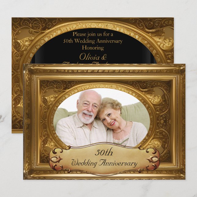 50th Anniversary Gold Ornate Antique Frame Photo Invitation (Front/Back)