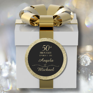 50th Anniversary Gold Sparkle Black Stylish Glam Classic Round Sticker