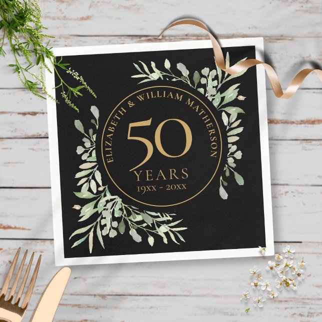 50th Anniversary Gold Watercolor Greenery Leaves Napkin (Creator Uploaded)
