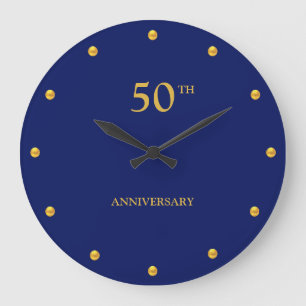 50TH Anniversary & Golden Dots on Navy Blue Large Clock