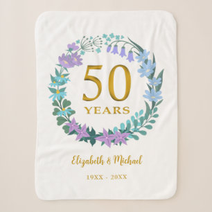 50th Anniversary Golden Floral Bluebells Wreath Sherpa Blanket