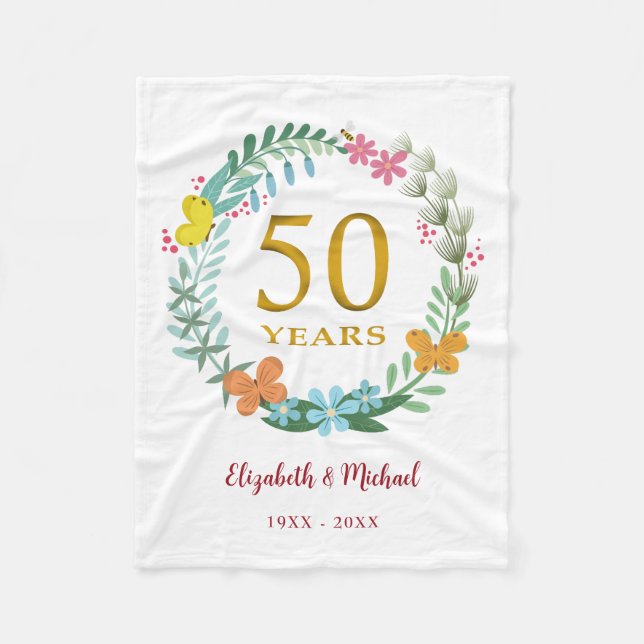 50th Anniversary Golden Floral Butterfly Wreath Fleece Blanket (Front)